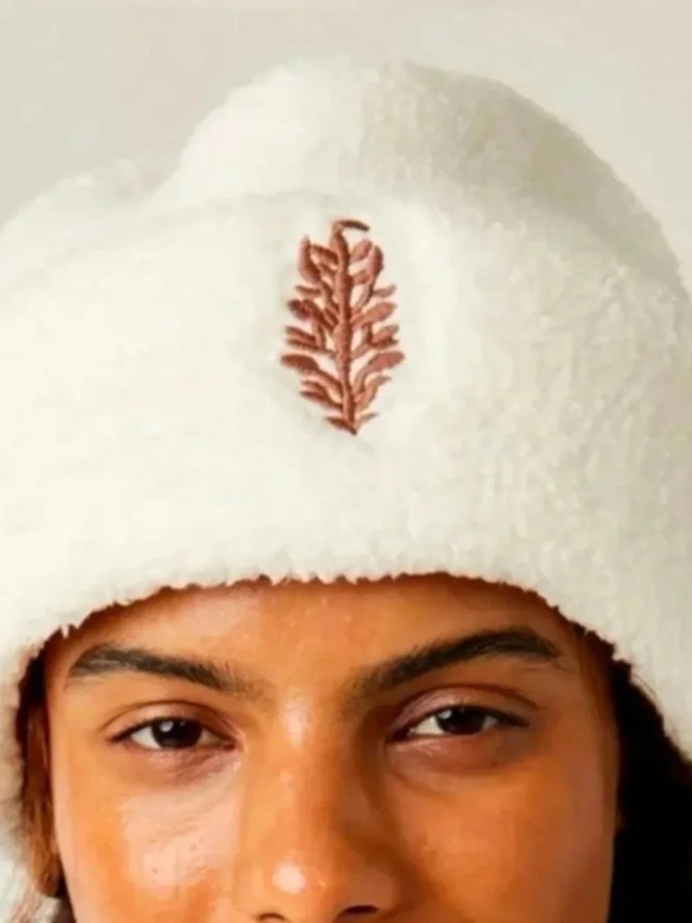 Free People Cream Sherpa Beanie with Leaf Embroidery